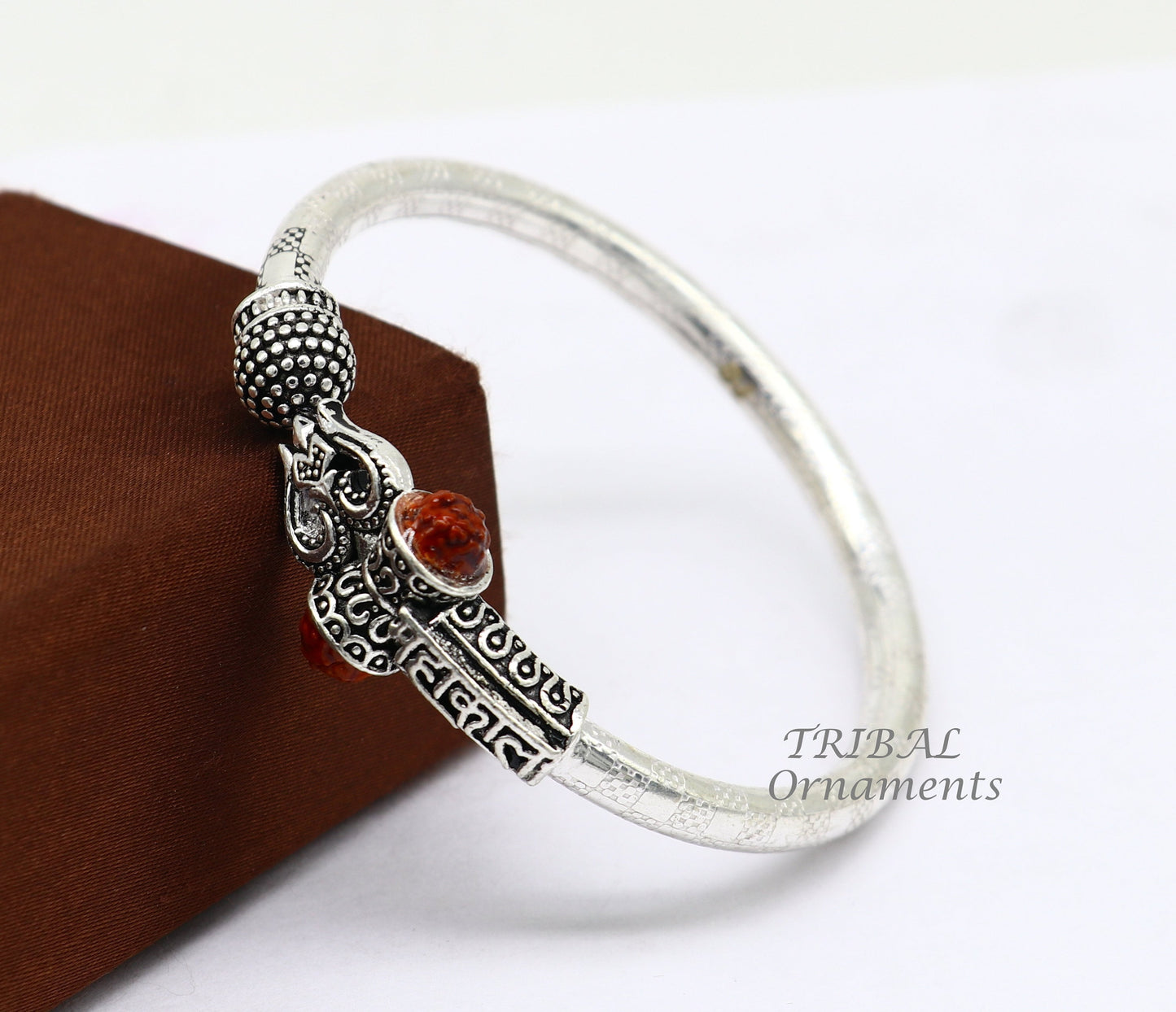 Mahakal kada 925 Sterling silver handmade Lord Shiva trident trishul bangle bracelet natural Rudraksha beads customized kada nsk612 - TRIBAL ORNAMENTS