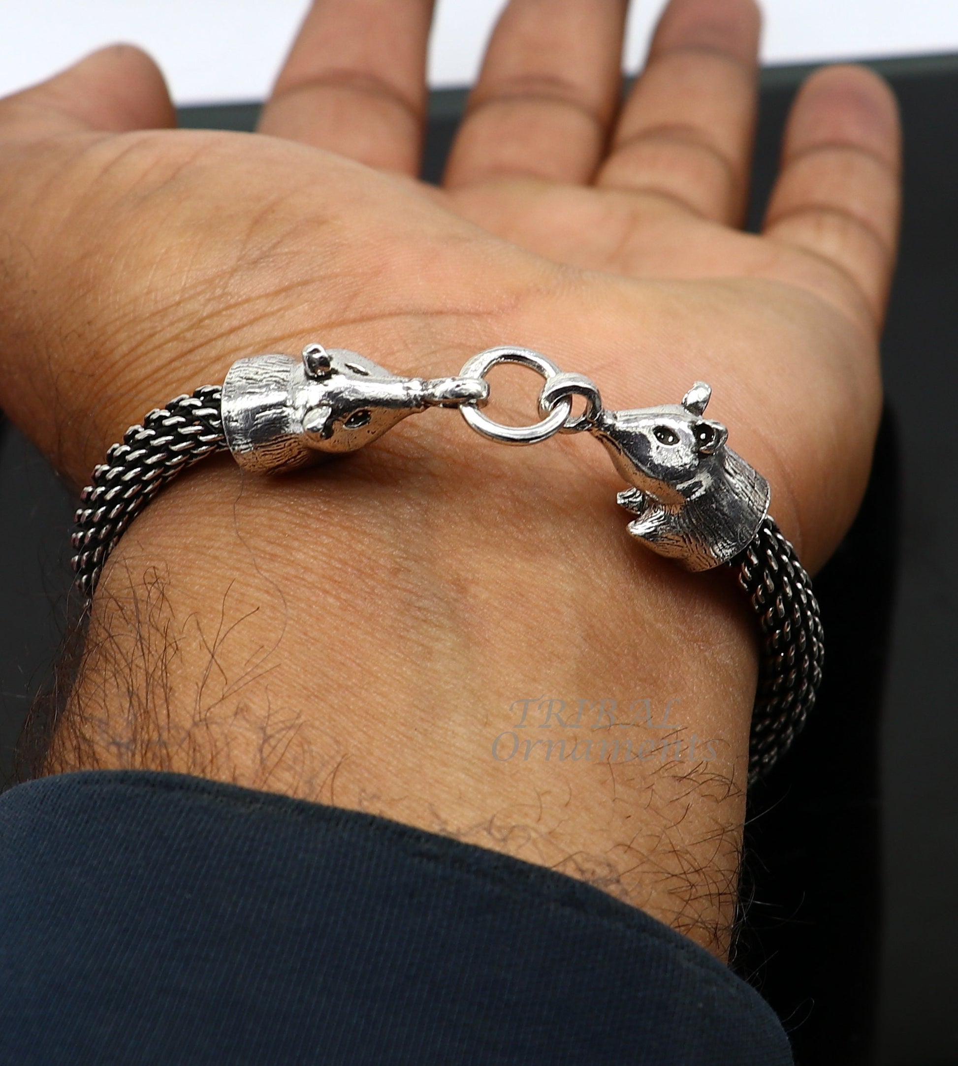 Indian ethnic style divine mushak or mouse design 925 sterling silver 9" bracelet. amazing unique men's bracelet jewelry sbr440 - TRIBAL ORNAMENTS