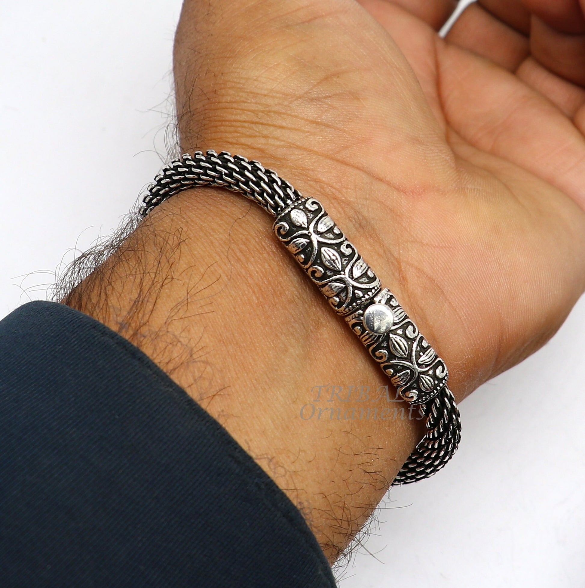 Indian ethnic style divine mushak or mouse design 925 sterling silver 9" bracelet. amazing unique men's bracelet jewelry sbr440 - TRIBAL ORNAMENTS