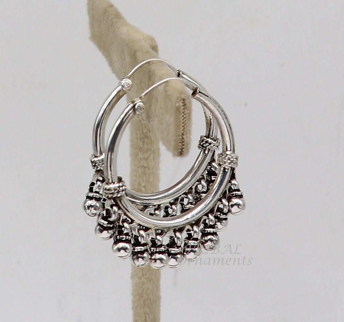 925 sterling silver handmade hoop earring elegant delegate Bali, hanging bells, hook, hoop gifting gorgeous tribal customized jewelry s1115 - TRIBAL ORNAMENTS