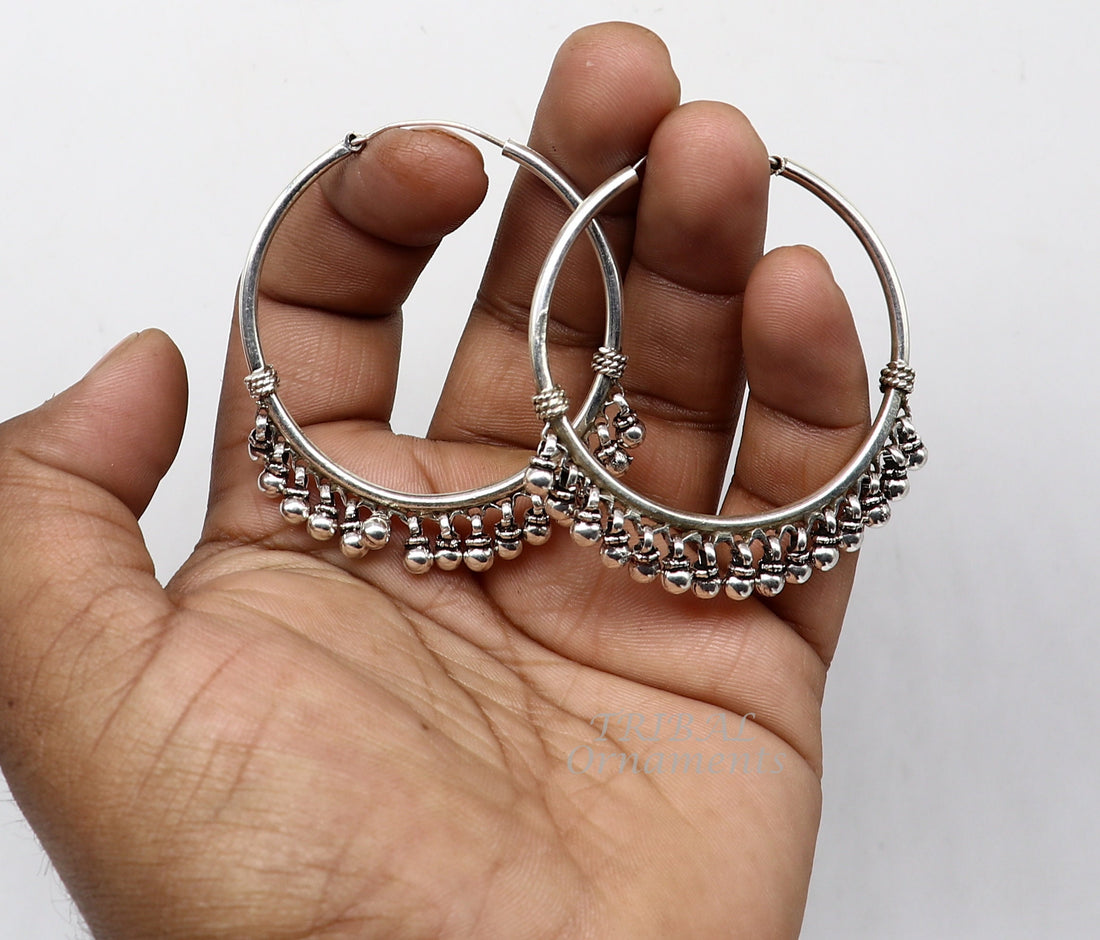 925 sterling silver handmade hoop earring elegant delegate Bali, hanging bells, hook, hoop gifting gorgeous tribal customized jewelry s1117 - TRIBAL ORNAMENTS