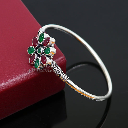 925 sterling silver fabulous bangle bracelet kada amazing Cuff bracelet with red and green cut stone best gifting openable kada nsk633 - TRIBAL ORNAMENTS