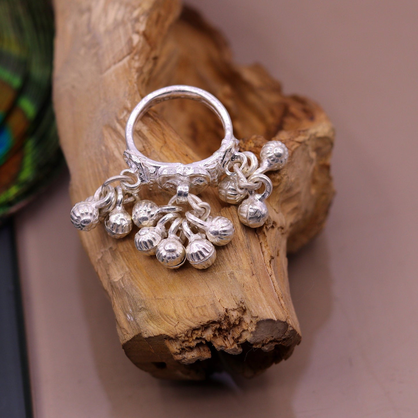 Sterling silver handmade gorgeous charm ring with fabulous noisy bells, excellent belly dance tribal antique jewelry india sr0208 - TRIBAL ORNAMENTS