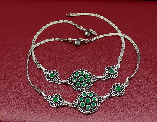 10" Inches long handmade 925 sterling silver fabulous green stone customized anklet bracelet, amazing anklets belly dance jewelry ank519 - TRIBAL ORNAMENTS