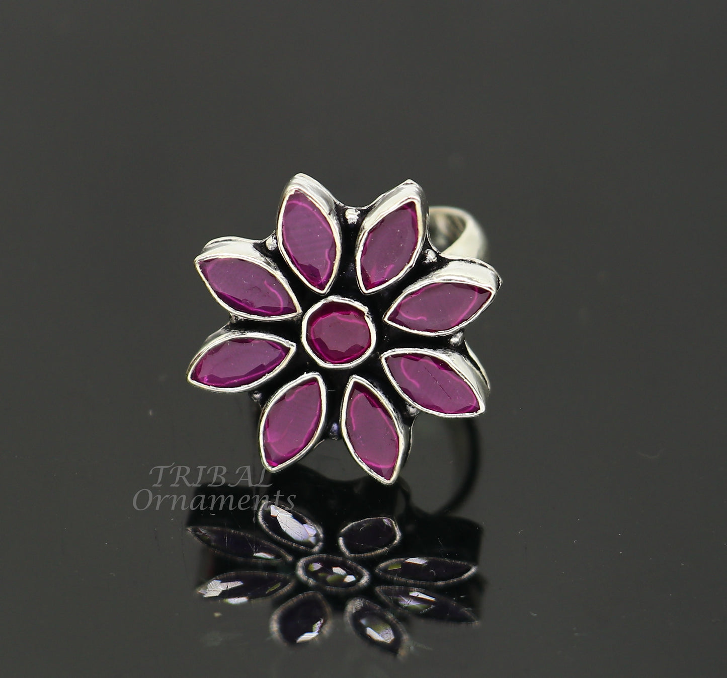 925 sterling silver handmade cut stone purple red flower design ring adjustable for all sizes best girl's gifting fashionable ring sr349 - TRIBAL ORNAMENTS