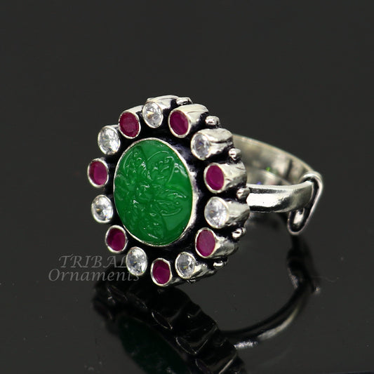 Modern cultural fashionable green and red stone 925 sterling silver adjustable ring, best gift for her/girls, charming jewelry india sr350 - TRIBAL ORNAMENTS
