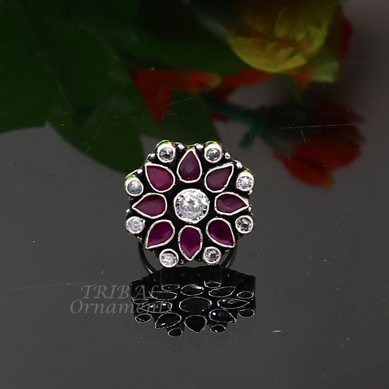 925 sterling silver handmade cubic zirconia and red stone ring adjustable for all sizes best girl's gifting fashionable stylish ring sr354 - TRIBAL ORNAMENTS