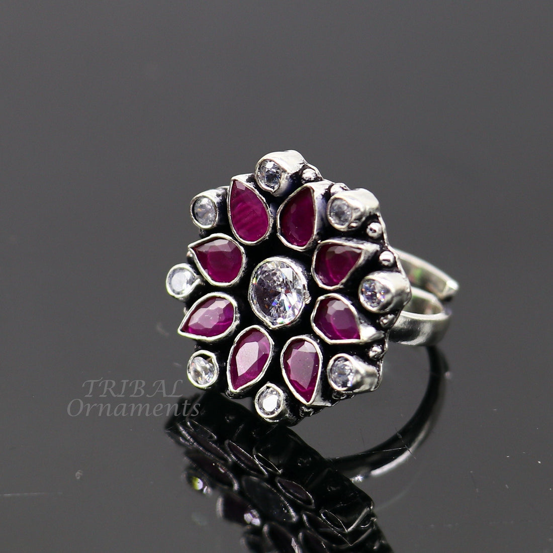 925 sterling silver handmade cubic zirconia and red stone ring adjustable for all sizes best girl's gifting fashionable stylish ring sr354 - TRIBAL ORNAMENTS