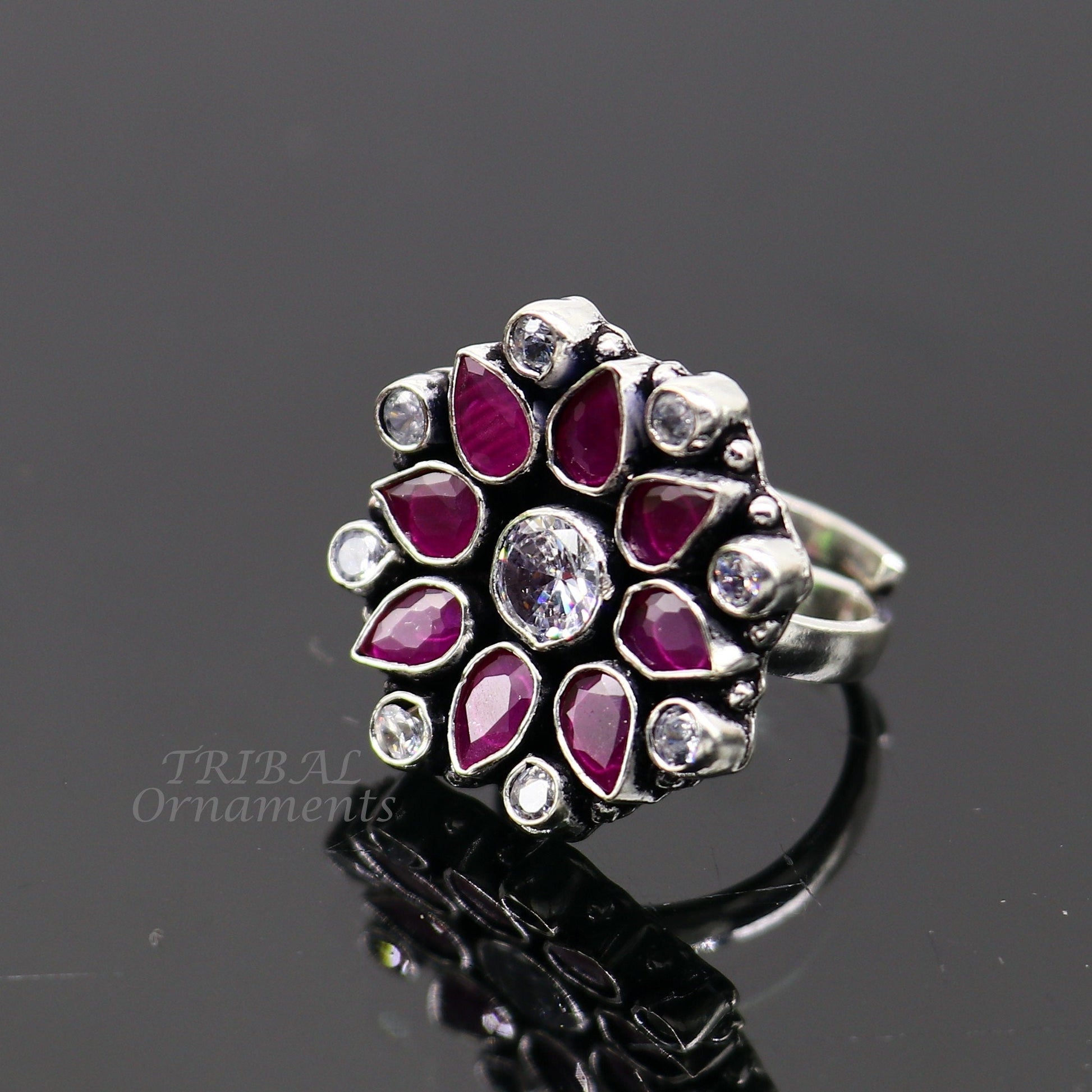 925 sterling silver handmade cubic zirconia and red stone ring adjustable for all sizes best girl's gifting fashionable stylish ring sr354 - TRIBAL ORNAMENTS
