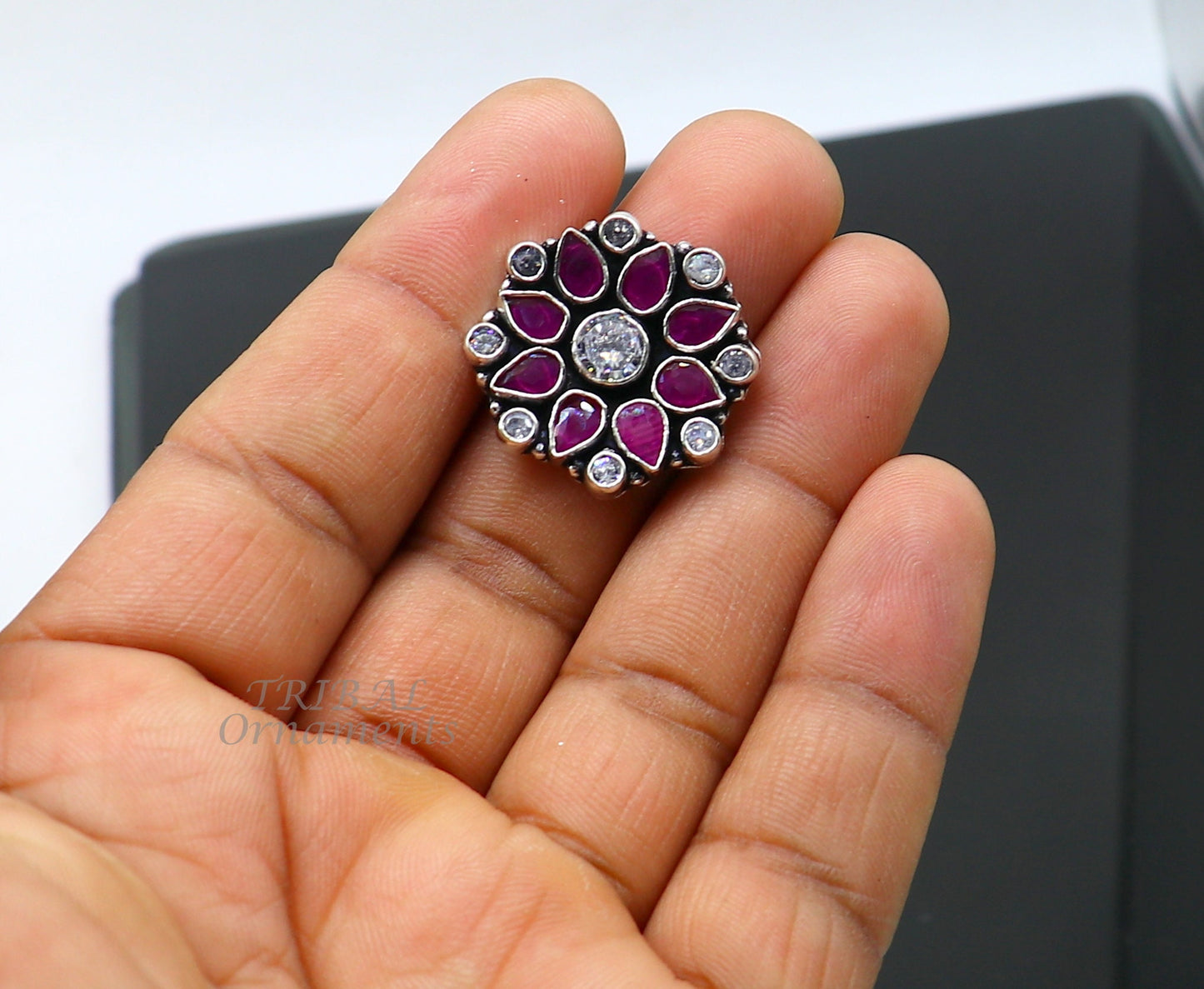 925 sterling silver handmade cubic zirconia and red stone ring adjustable for all sizes best girl's gifting fashionable stylish ring sr354 - TRIBAL ORNAMENTS