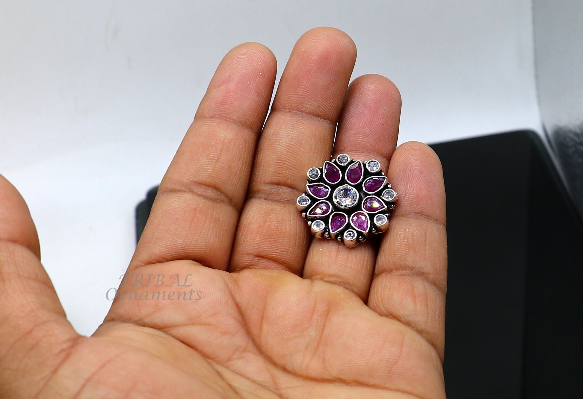 925 sterling silver handmade cubic zirconia and red stone ring adjustable for all sizes best girl's gifting fashionable stylish ring sr354 - TRIBAL ORNAMENTS