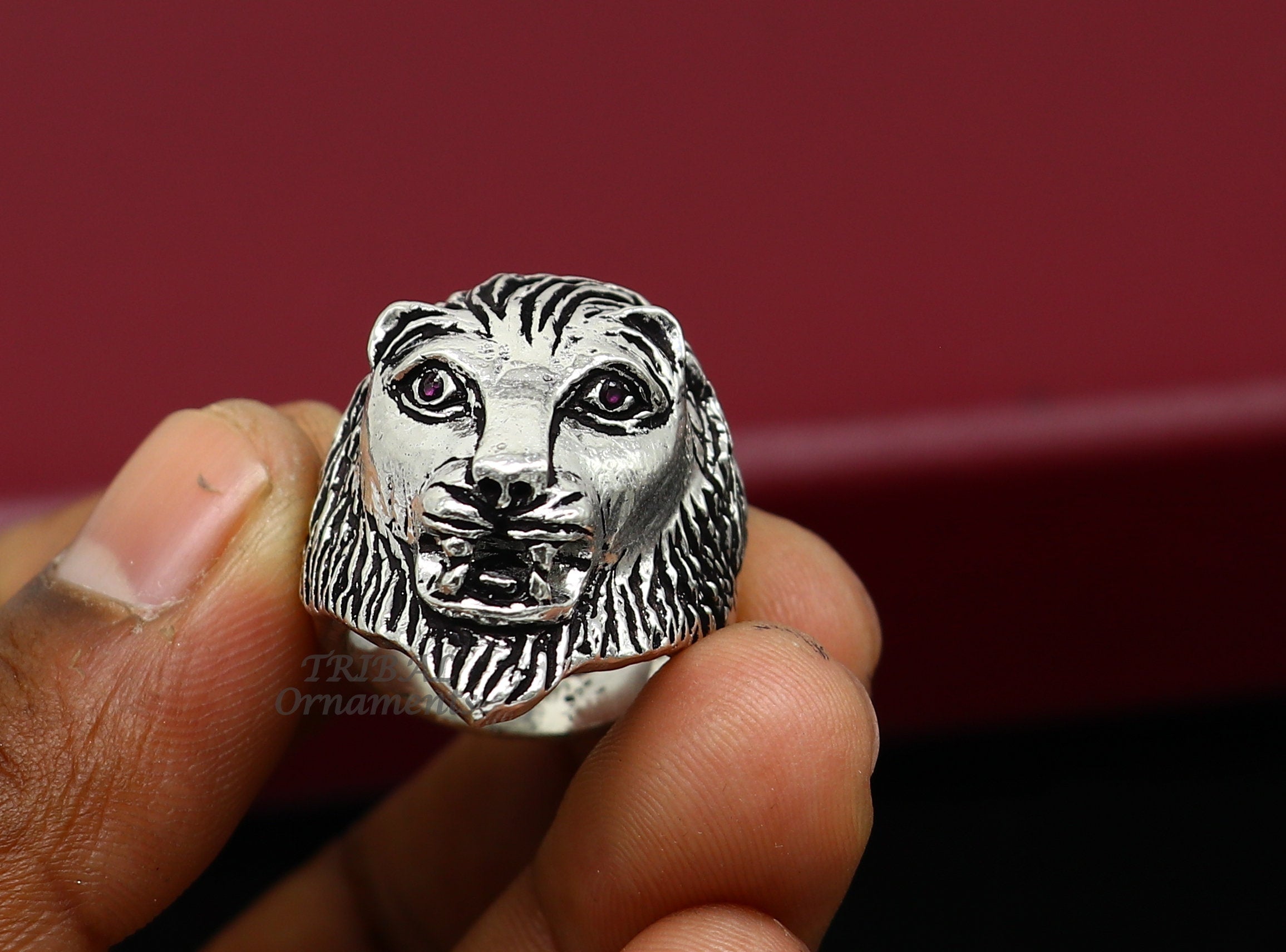 Mens sterling silver hot sale lion head ring