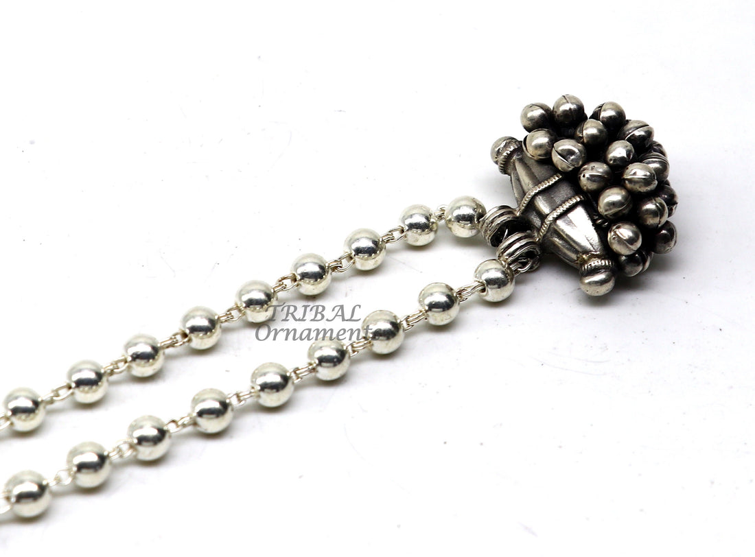 925 Sterling silver handmade vintage design pendant 6mm beaded necklace with hangings drops excellent tribal ethnic jewelry Rajasthan set530 - TRIBAL ORNAMENTS