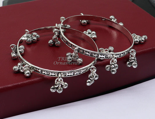 925 sterling silver handmade girl's bangle bracelet unique gorgeous jingling bells drops. excellent charm brides gifting jewelry ba177 - TRIBAL ORNAMENTS