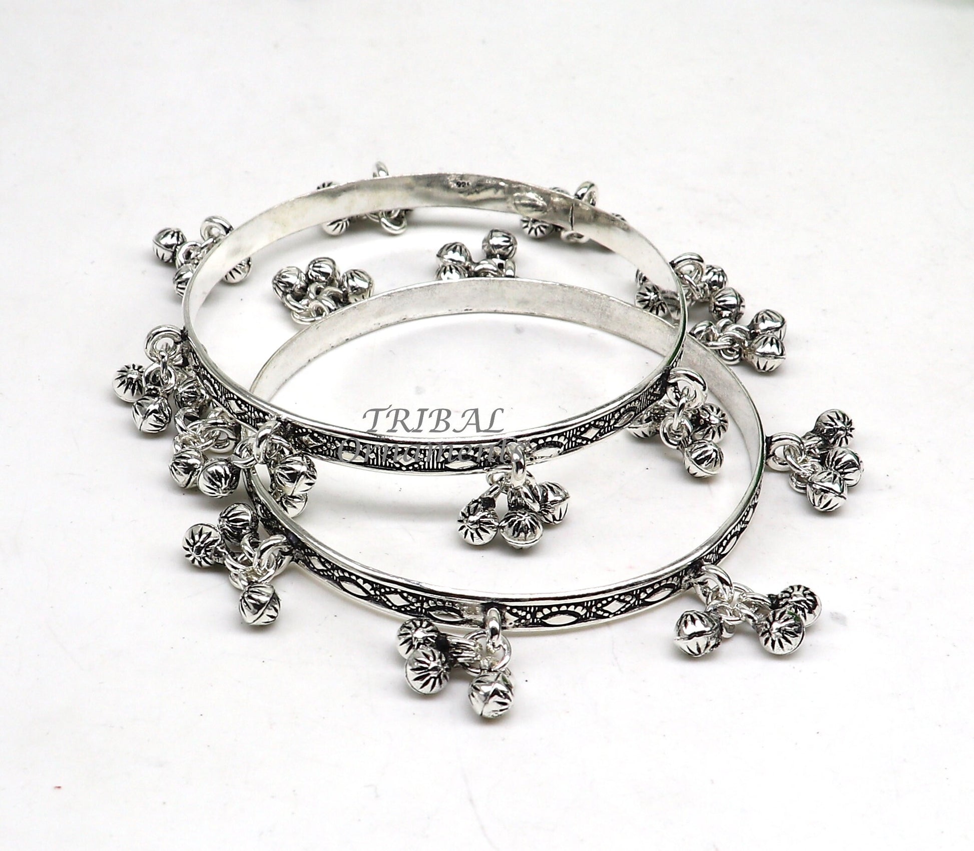 925 sterling silver handmade girl's bangle bracelet unique gorgeous jingling bells drops. excellent charm brides gifting jewelry ba178 - TRIBAL ORNAMENTS
