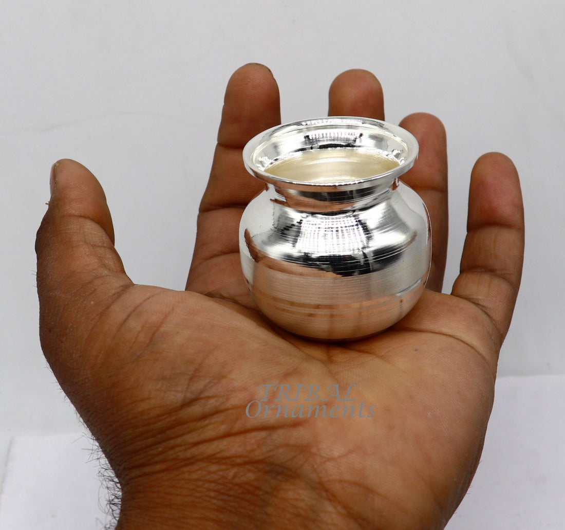1.8"inches 925 sterling silver handmade plain small Kalash or pot, unique special silver puja article, water or milk kalash pot india su990 - TRIBAL ORNAMENTS
