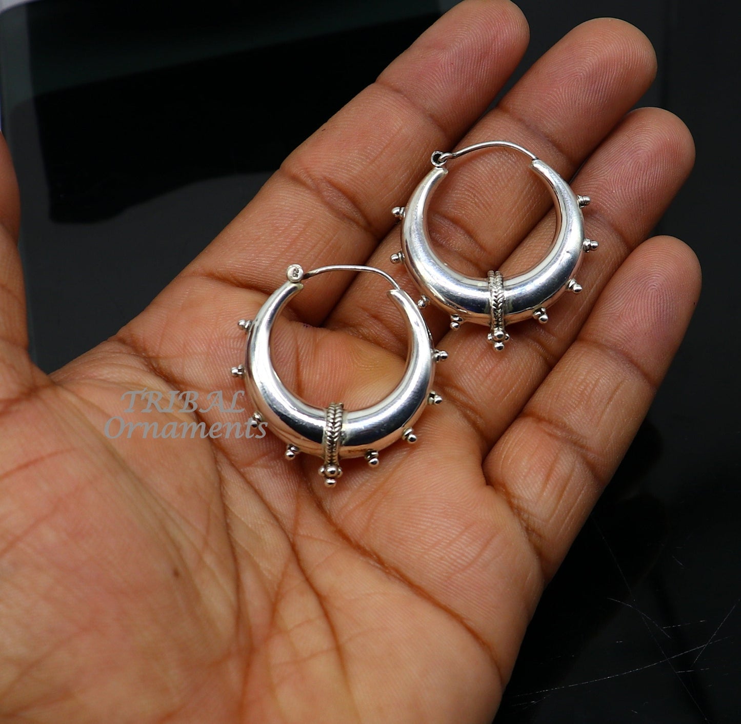 Handmade 925 sterling silver fabulous plain shining hoops earrings Bali unique style kundal unisex tribal belly dance jewelry s1118 - TRIBAL ORNAMENTS