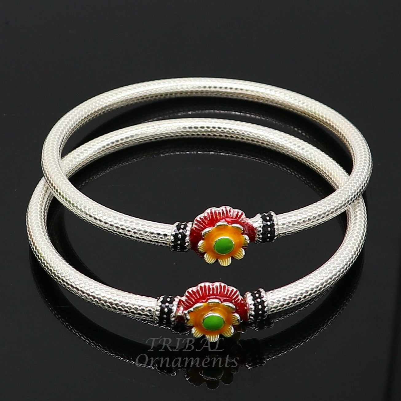 Exclusive flower design handmade Sterling silver bangle bracelet, amazing ethic stylish bangle bracelet kada pair from india nba348 - TRIBAL ORNAMENTS