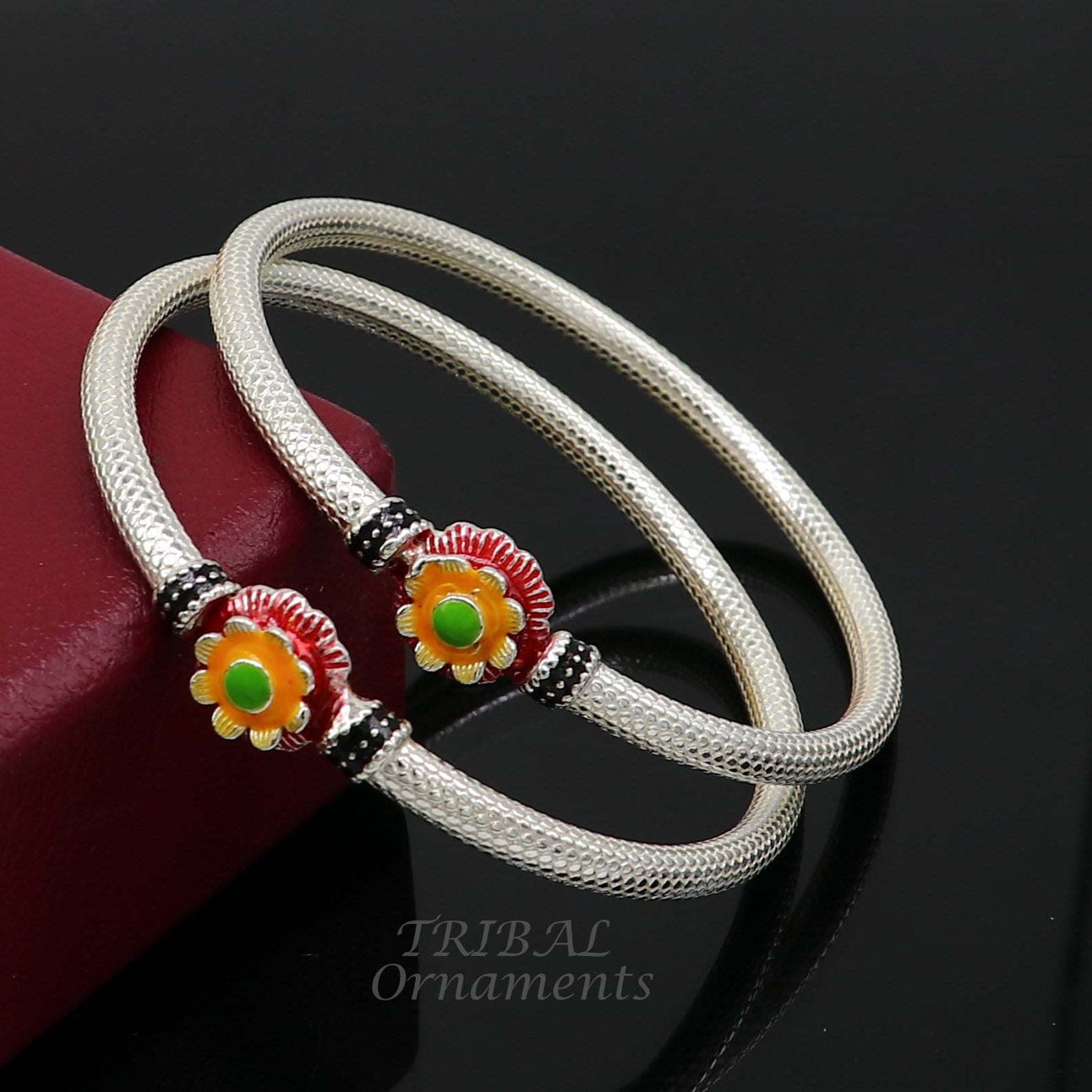 Exclusive flower design handmade Sterling silver bangle bracelet, amazing ethic stylish bangle bracelet kada pair from india nba348 - TRIBAL ORNAMENTS