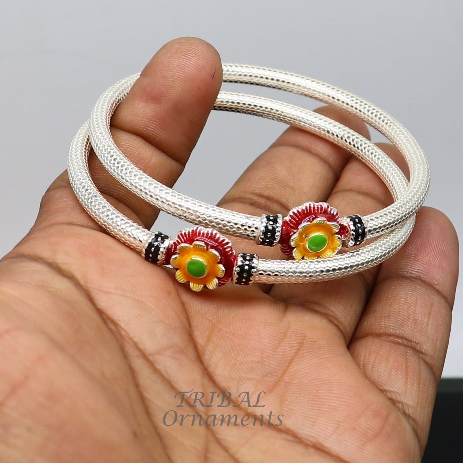 Exclusive flower design handmade Sterling silver bangle bracelet, amazing ethic stylish bangle bracelet kada pair from india nba348 - TRIBAL ORNAMENTS