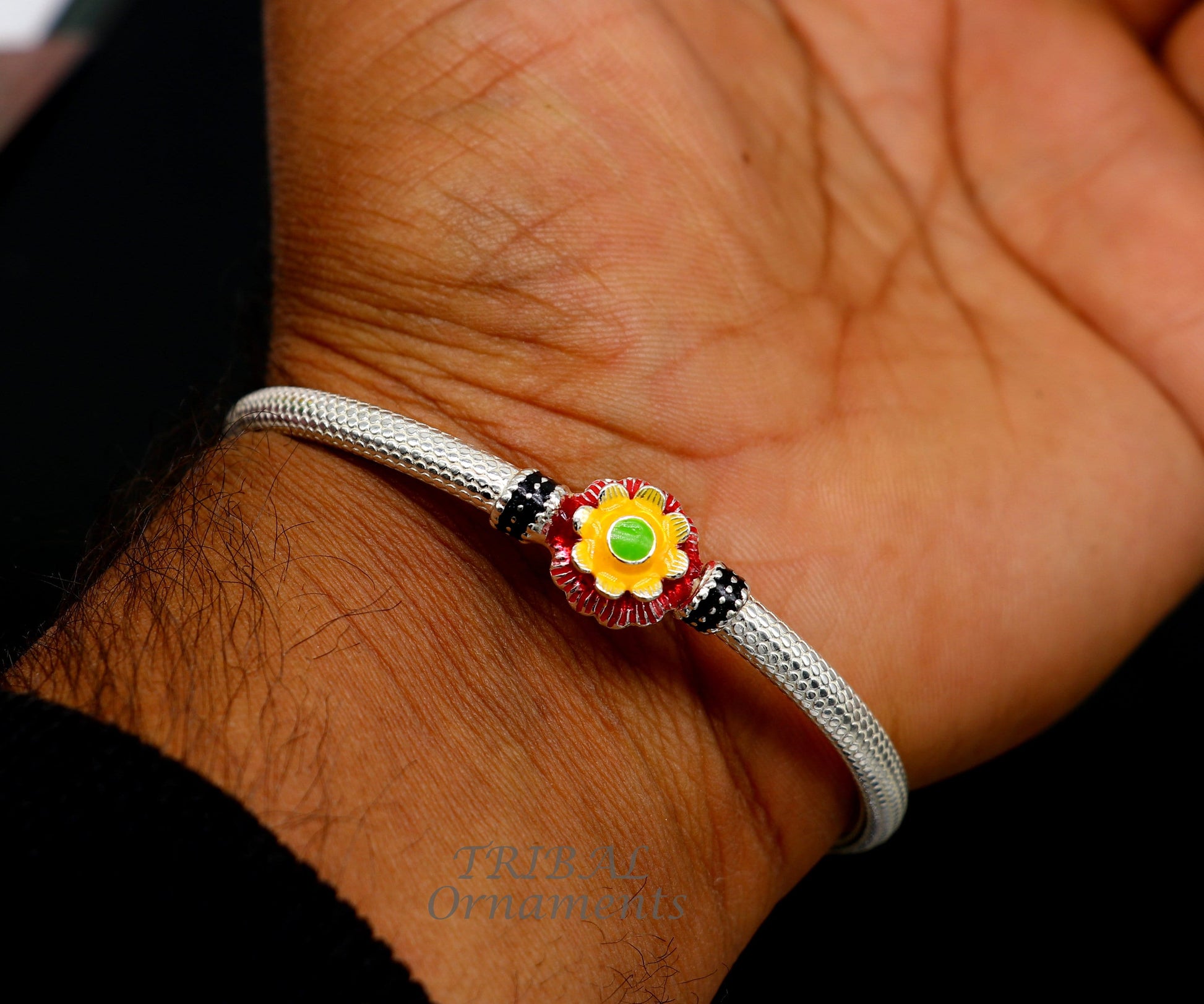 Exclusive flower design handmade Sterling silver bangle bracelet, amazing ethic stylish bangle bracelet kada pair from india nba348 - TRIBAL ORNAMENTS