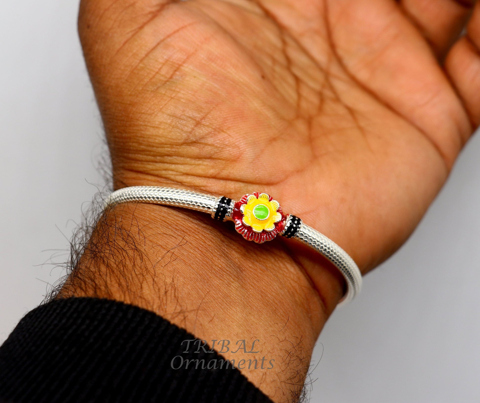 Exclusive flower design handmade Sterling silver bangle bracelet, amazing ethic stylish bangle bracelet kada pair from india nba348 - TRIBAL ORNAMENTS