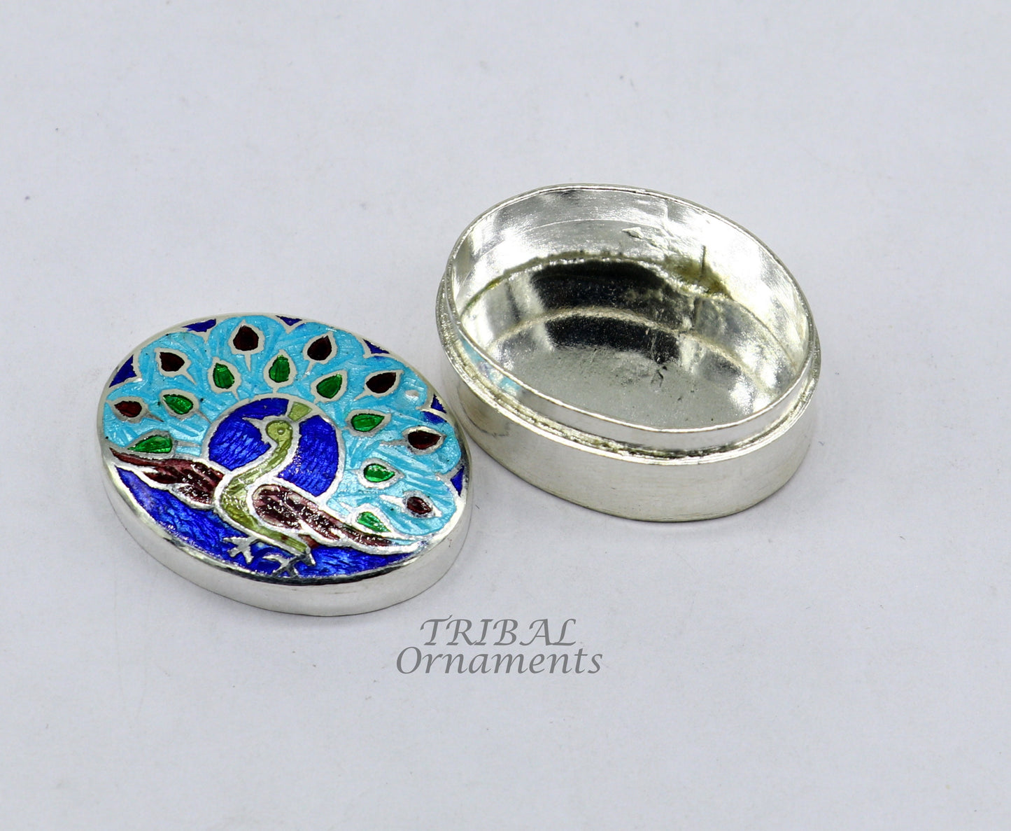 Vintage style handmade 925 sterling silver peacock design enamel work trinket box, brides kukum box kajal box silver article jewelry stb727 - TRIBAL ORNAMENTS