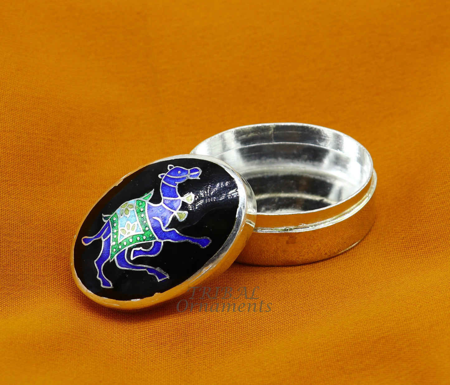 925 sterling silver trinket box, enamel camel work sindoor box Brides eyeliner kajal box vintage design enamel bridal jewelry STB739 - TRIBAL ORNAMENTS