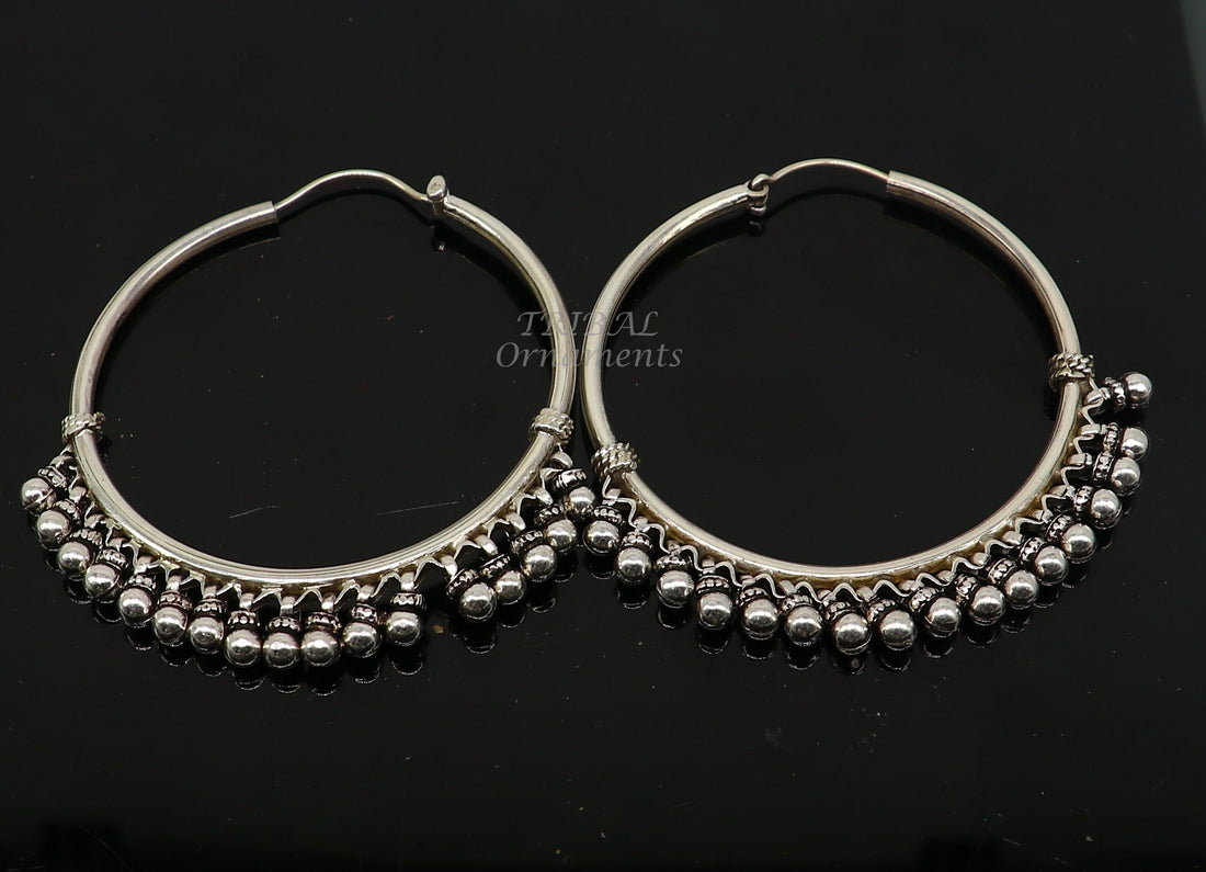 925 sterling silver handmade hoop earring, fabulous Bali pair, hanging bells, hook, hoop gifting gorgeous tribal customized jewelry s1138 - TRIBAL ORNAMENTS