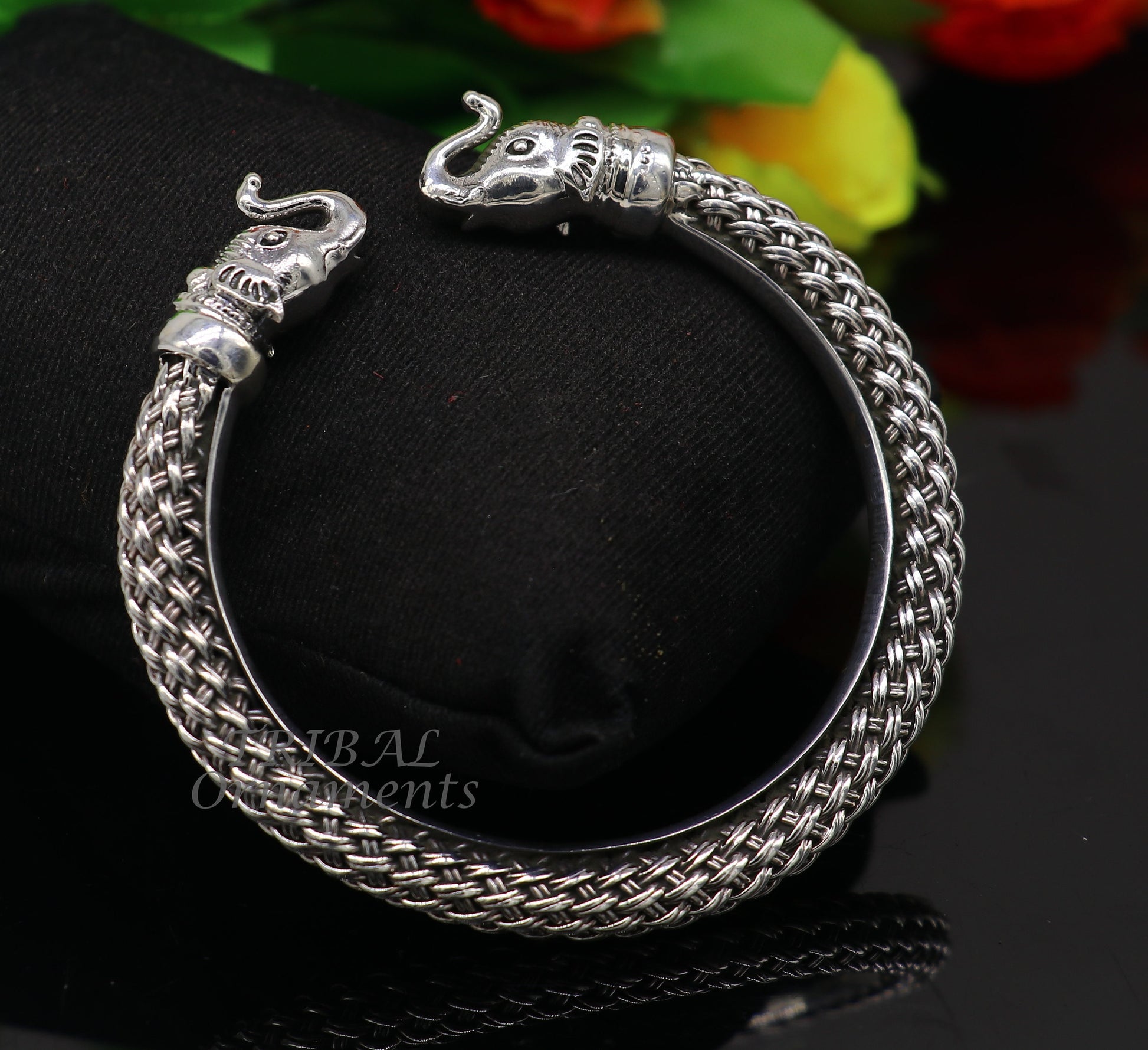 925 sterling silver traditional cultural ethnic elephant kada bangle bracelet pretty attractive tribal cuff bracelet ethnic jewelry  nsk623 - TRIBAL ORNAMENTS