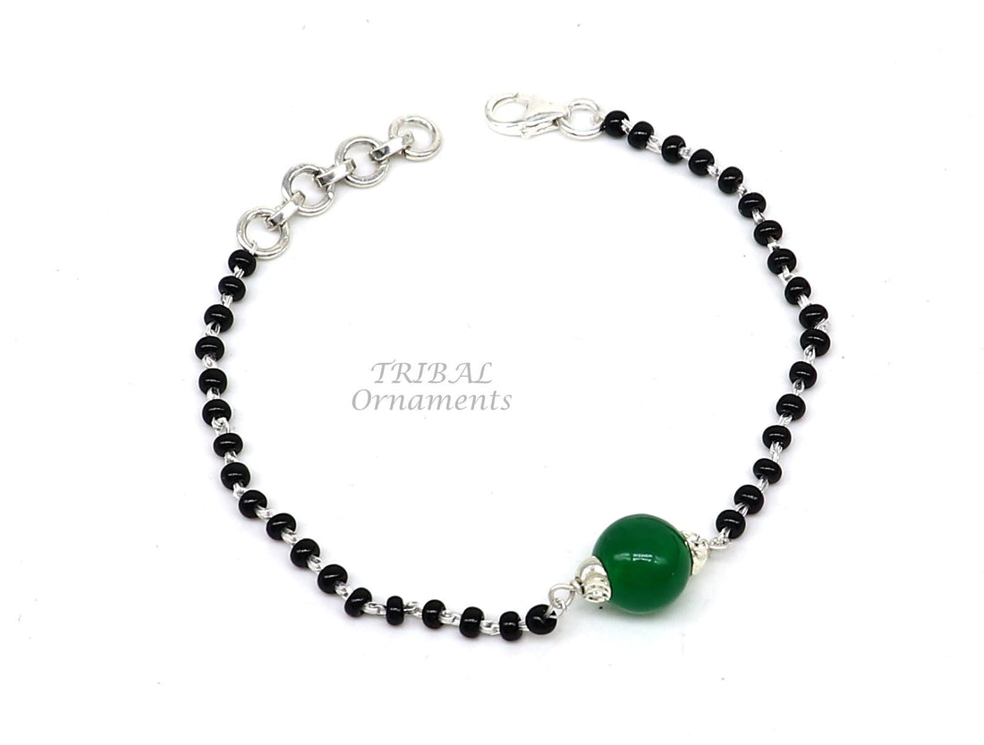 925 sterling silver customized black beads Nazariya bracelet with green onyx, Best girl's gifting bracelet stylish jewelry india sbr452 - TRIBAL ORNAMENTS