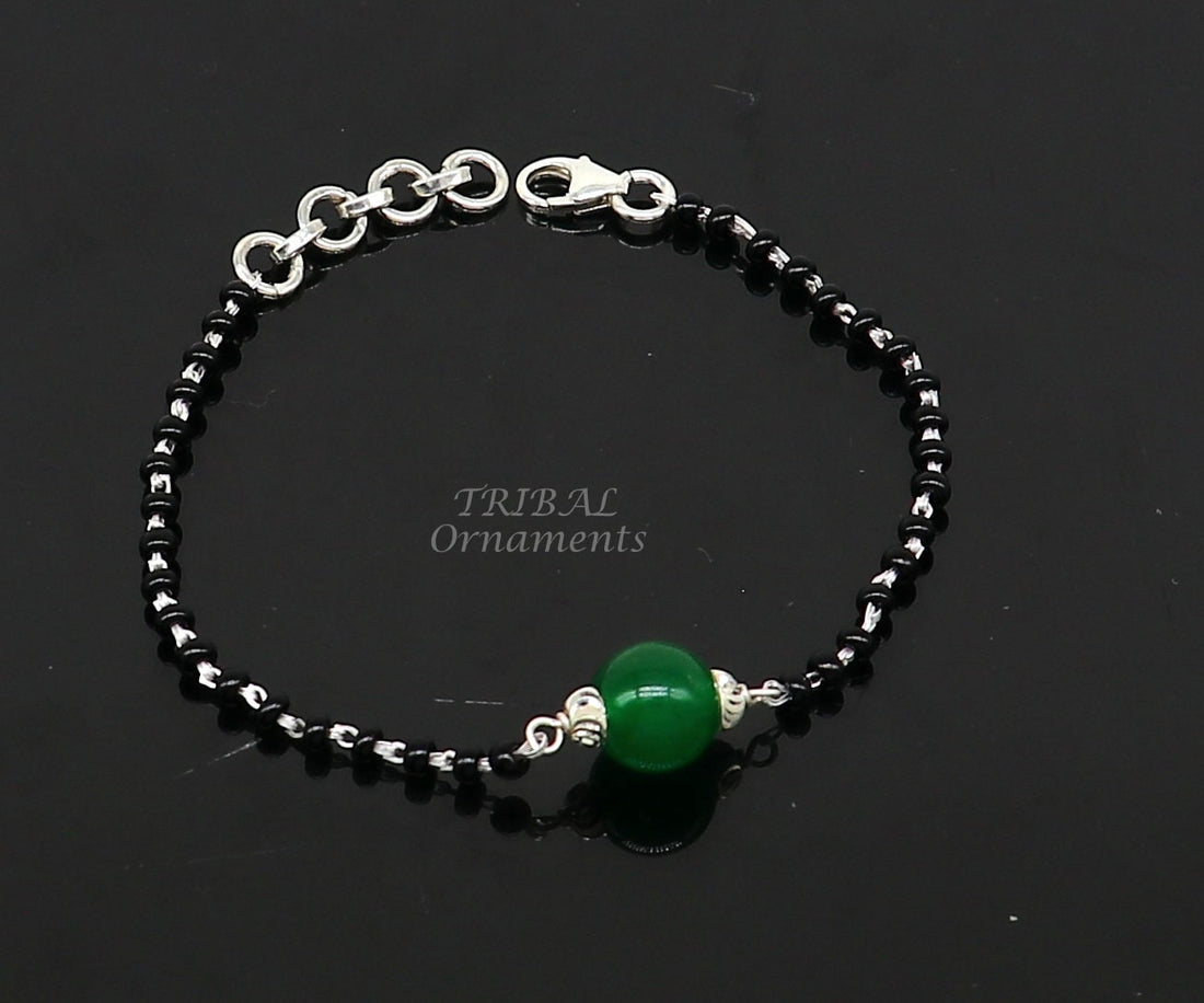 925 sterling silver customized black beads Nazariya bracelet with green onyx, Best girl's gifting bracelet stylish jewelry india sbr452 - TRIBAL ORNAMENTS