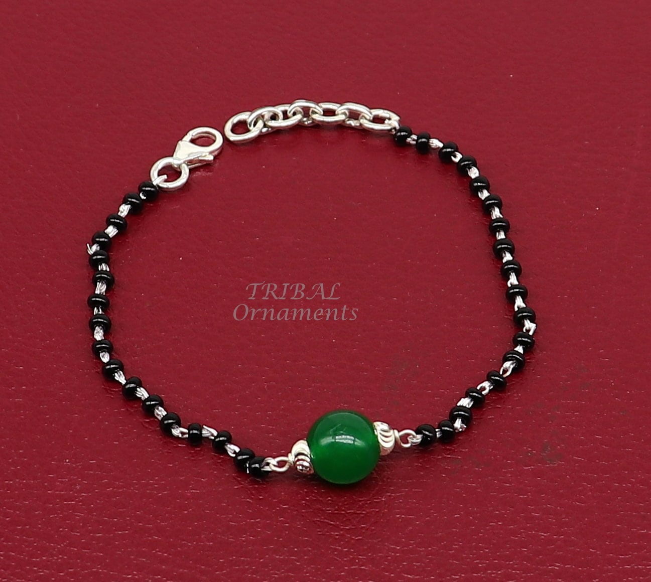 925 sterling silver customized black beads Nazariya bracelet with green onyx, Best girl's gifting bracelet stylish jewelry india sbr452 - TRIBAL ORNAMENTS