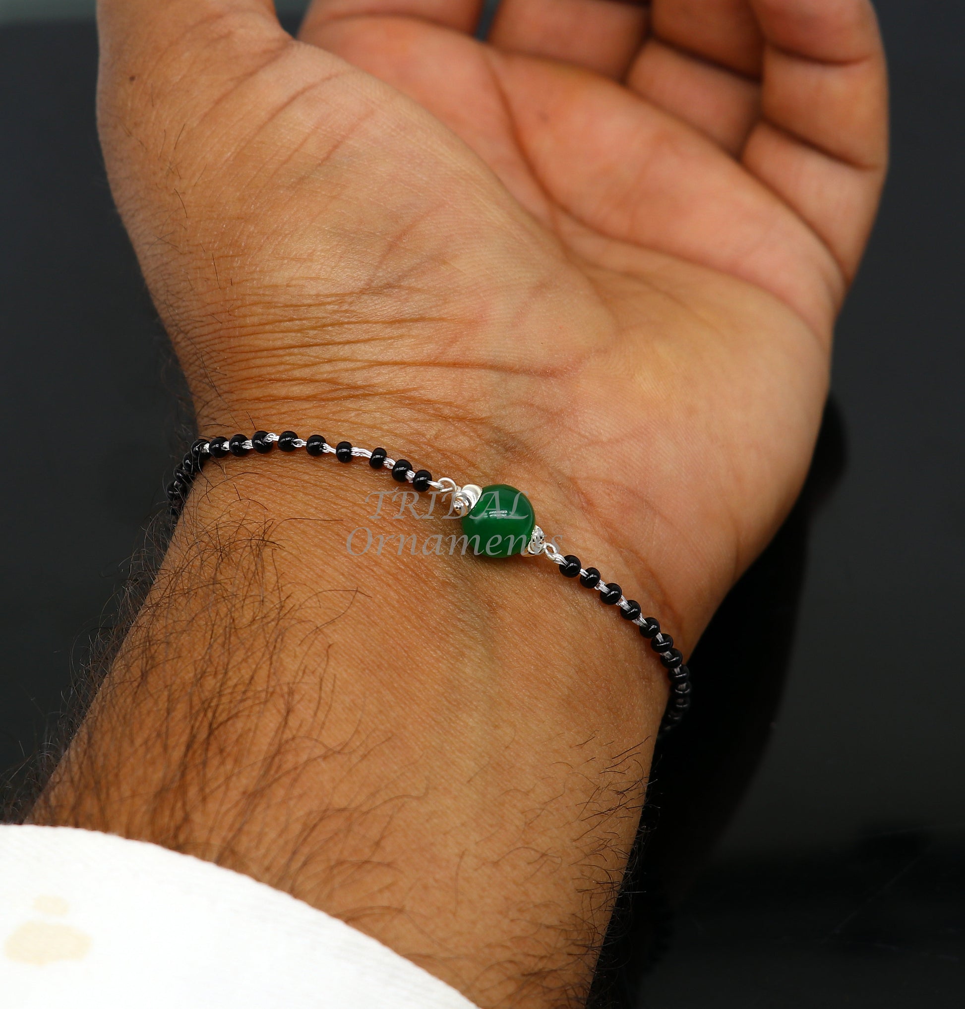 925 sterling silver customized black beads Nazariya bracelet with green onyx, Best girl's gifting bracelet stylish jewelry india sbr452 - TRIBAL ORNAMENTS