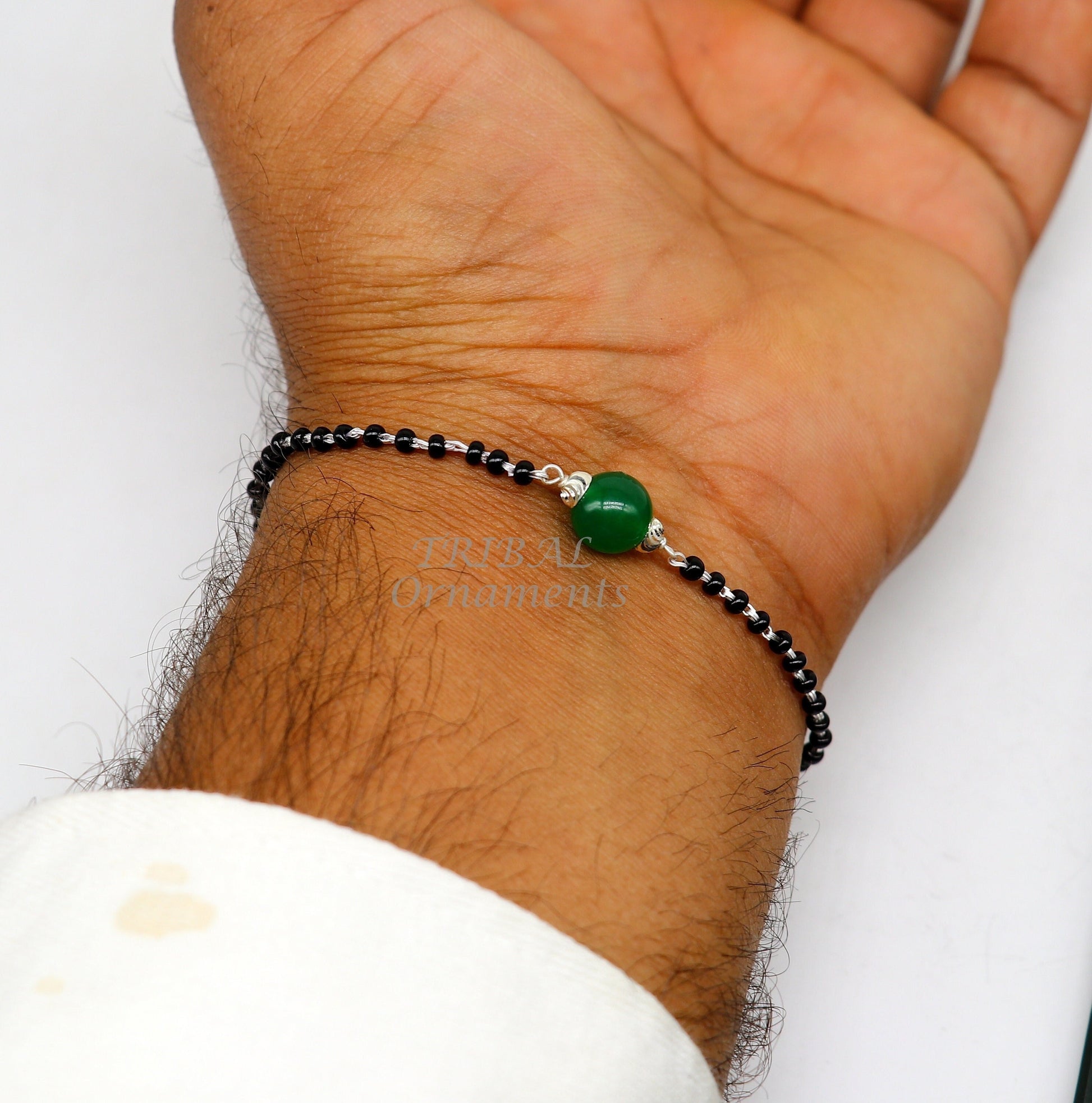 925 sterling silver customized black beads Nazariya bracelet with green onyx, Best girl's gifting bracelet stylish jewelry india sbr452 - TRIBAL ORNAMENTS