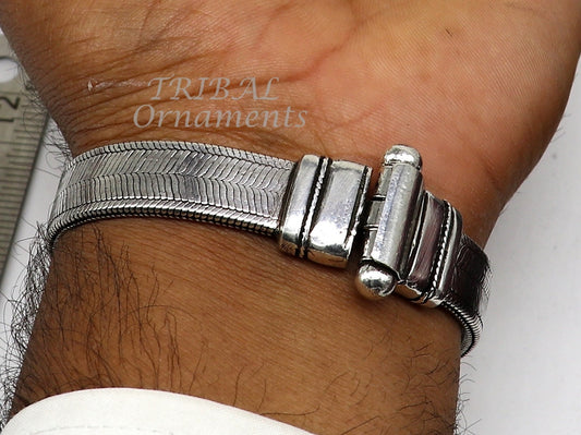 12 mm 8.5" solid flat 925 sterling silver handmade gorgeous wheat chain flexible bracelet belt unisex heavy bracelet India sbr434 - TRIBAL ORNAMENTS