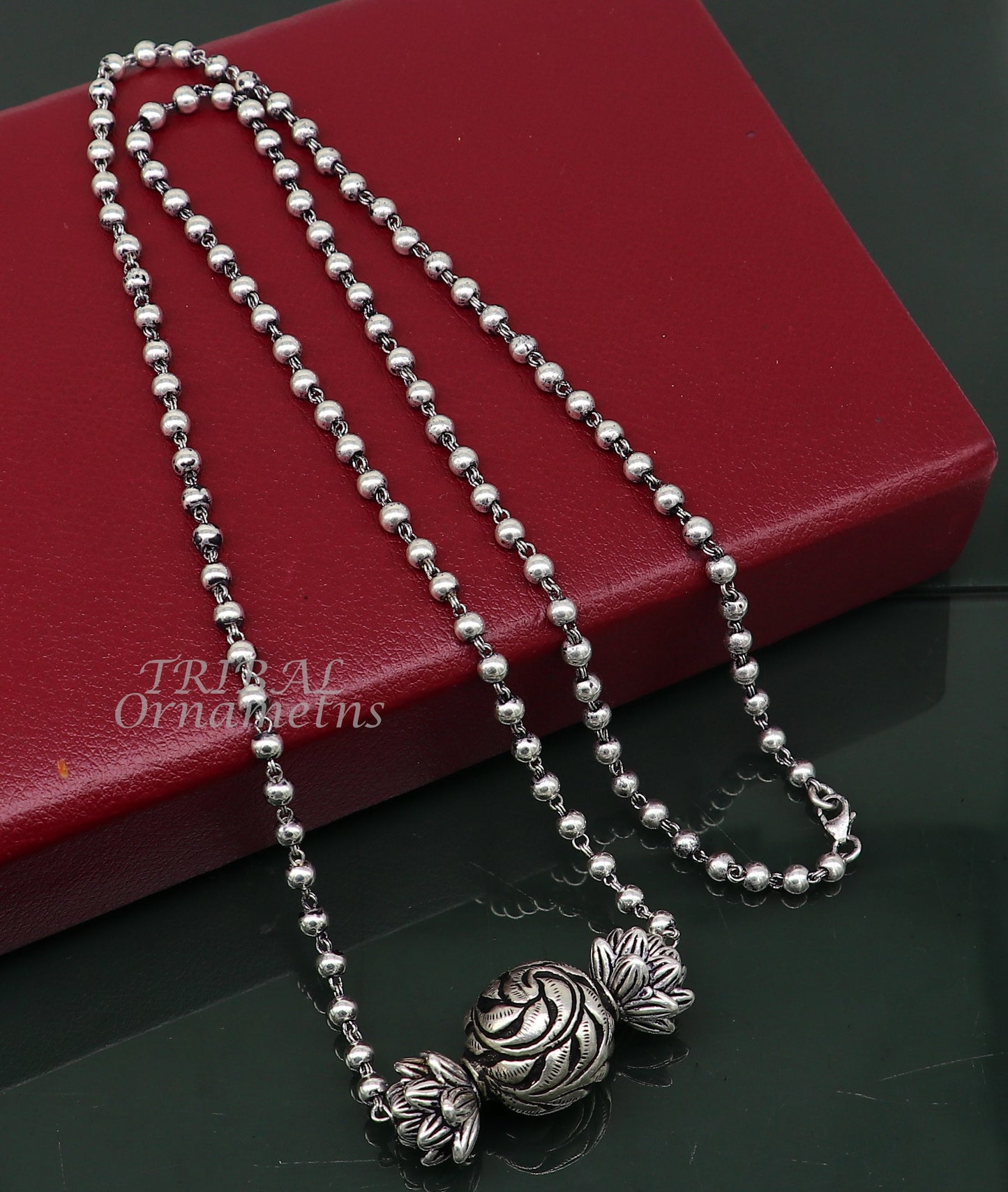 925 sterling silver handmade 4mm beads long necklace, unique ball design pendant traditional cultural functional necklace jewelry  SET535 - TRIBAL ORNAMENTS