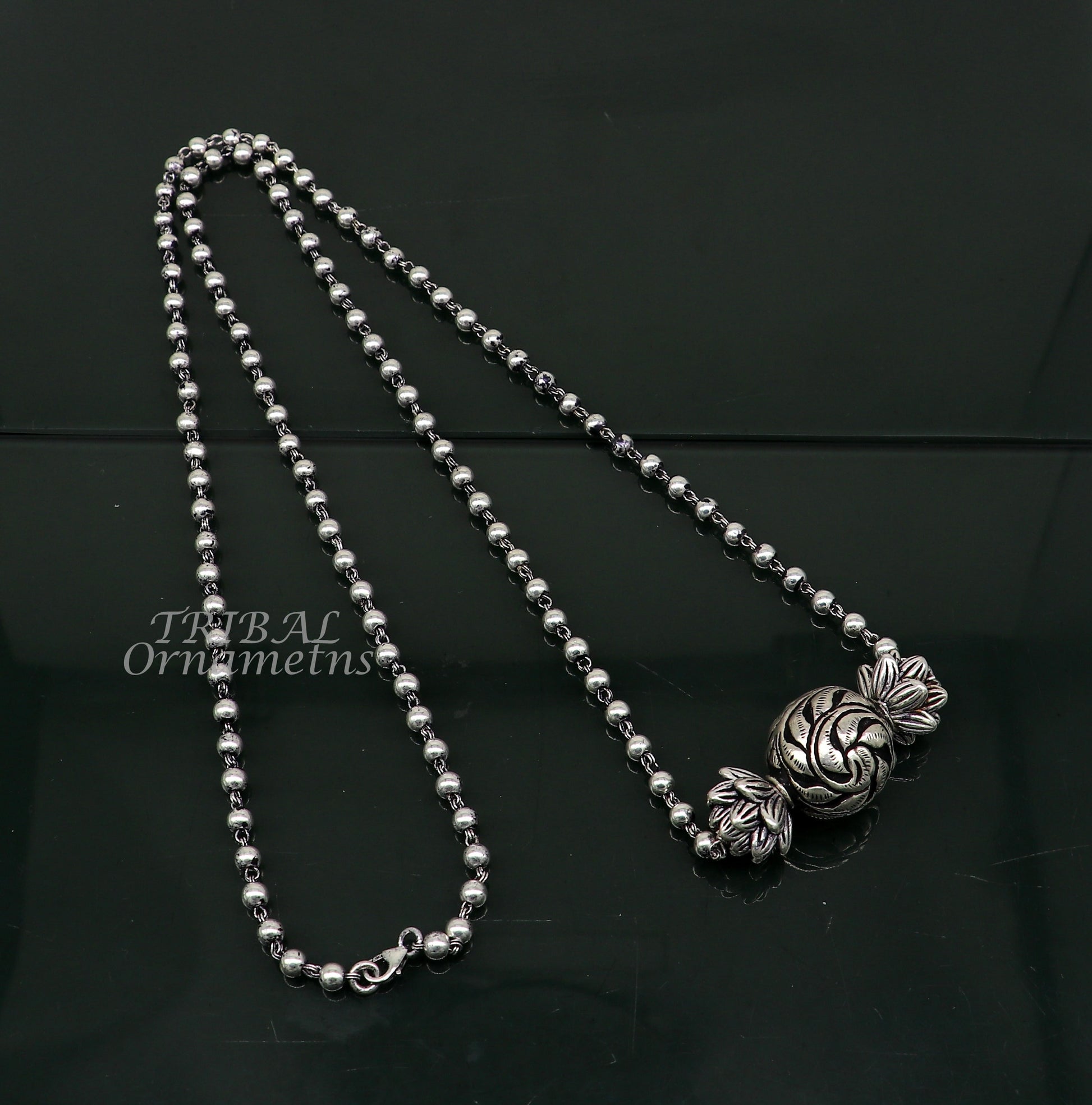 925 sterling silver handmade 4mm beads long necklace, unique ball design pendant traditional cultural functional necklace jewelry  SET535 - TRIBAL ORNAMENTS