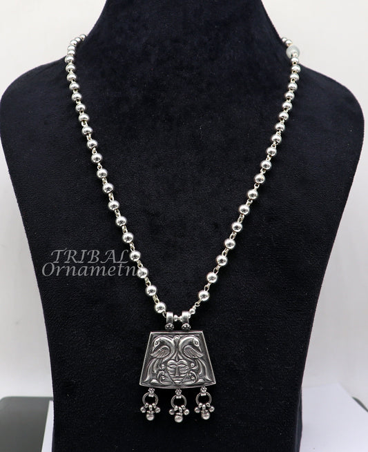 925 sterling silver handmade 6mm plain beads long necklace, unique peacock pendant traditional cultural functional necklace jewelry SET536 - TRIBAL ORNAMENTS