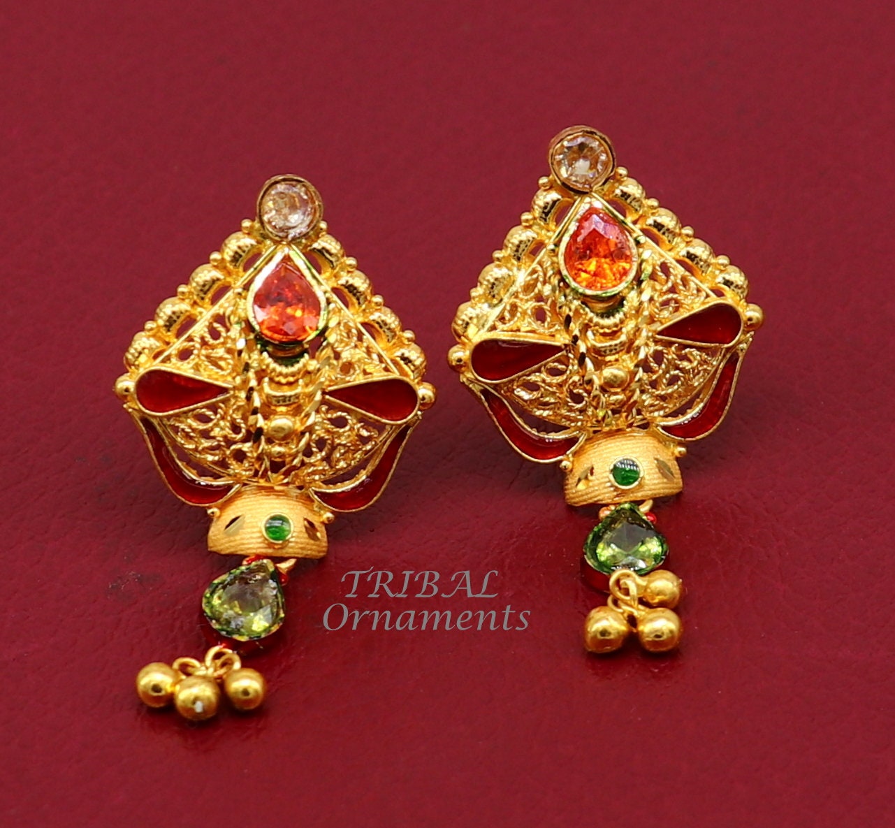 22kt or 22ct yellow gold handmade traditional cultural fashionable stud earring amazing filigree work ethnic jewelry er167 - TRIBAL ORNAMENTS