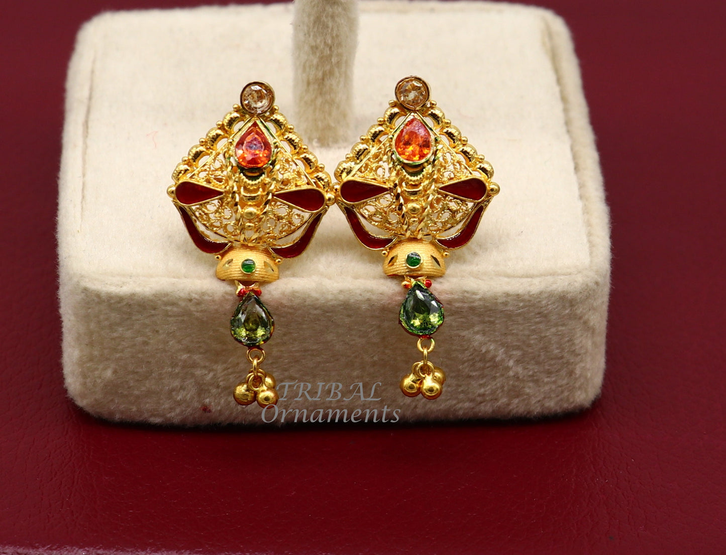 22kt or 22ct yellow gold handmade traditional cultural fashionable stud earring amazing filigree work ethnic jewelry er167 - TRIBAL ORNAMENTS