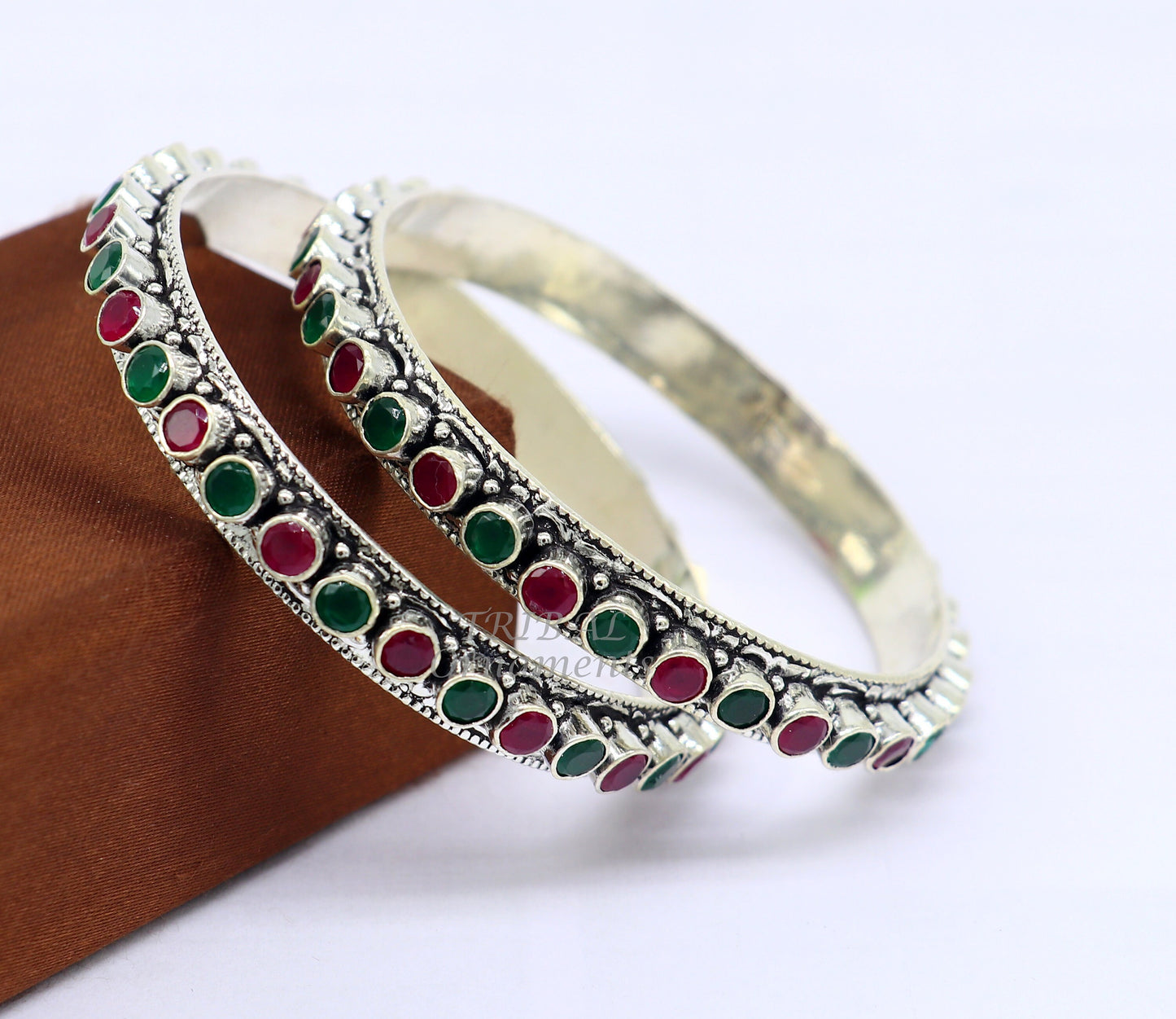925 sterling silver handmade fabulous cut stone bangle bracelet gorgeous green and red color stone elegant girl's women's jewelry ba175 - TRIBAL ORNAMENTS