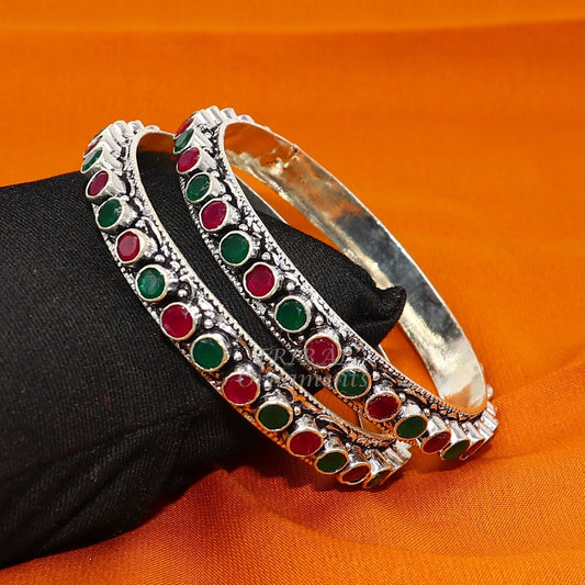 925 sterling silver handmade fabulous cut stone bangle bracelet gorgeous green and red color stone elegant girl's women's jewelry ba175 - TRIBAL ORNAMENTS