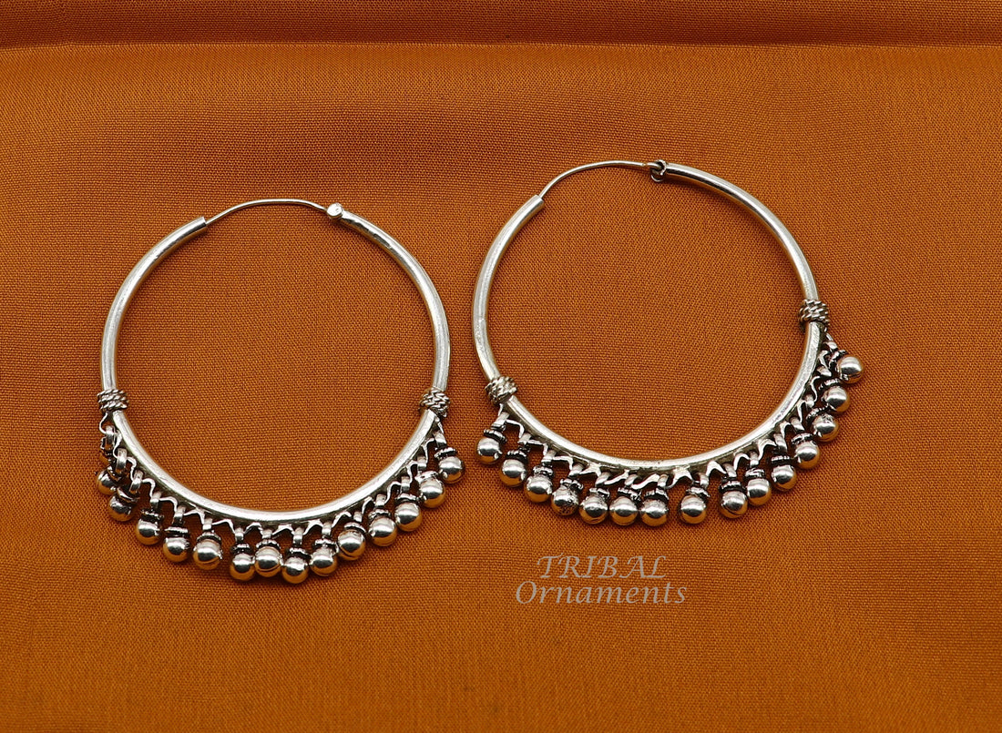 925 sterling silver handmade hoop earring elegant delegate Bali, hanging bells, hook, hoop gifting gorgeous tribal customized jewelry s1117 - TRIBAL ORNAMENTS