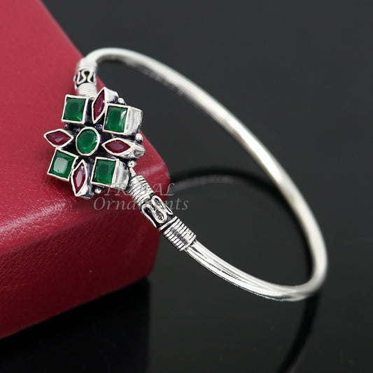 925 sterling silver fabulous bangle bracelet kada amazing Cuff bracelet with red and green cut stone best gifting openable kada nsk634 - TRIBAL ORNAMENTS