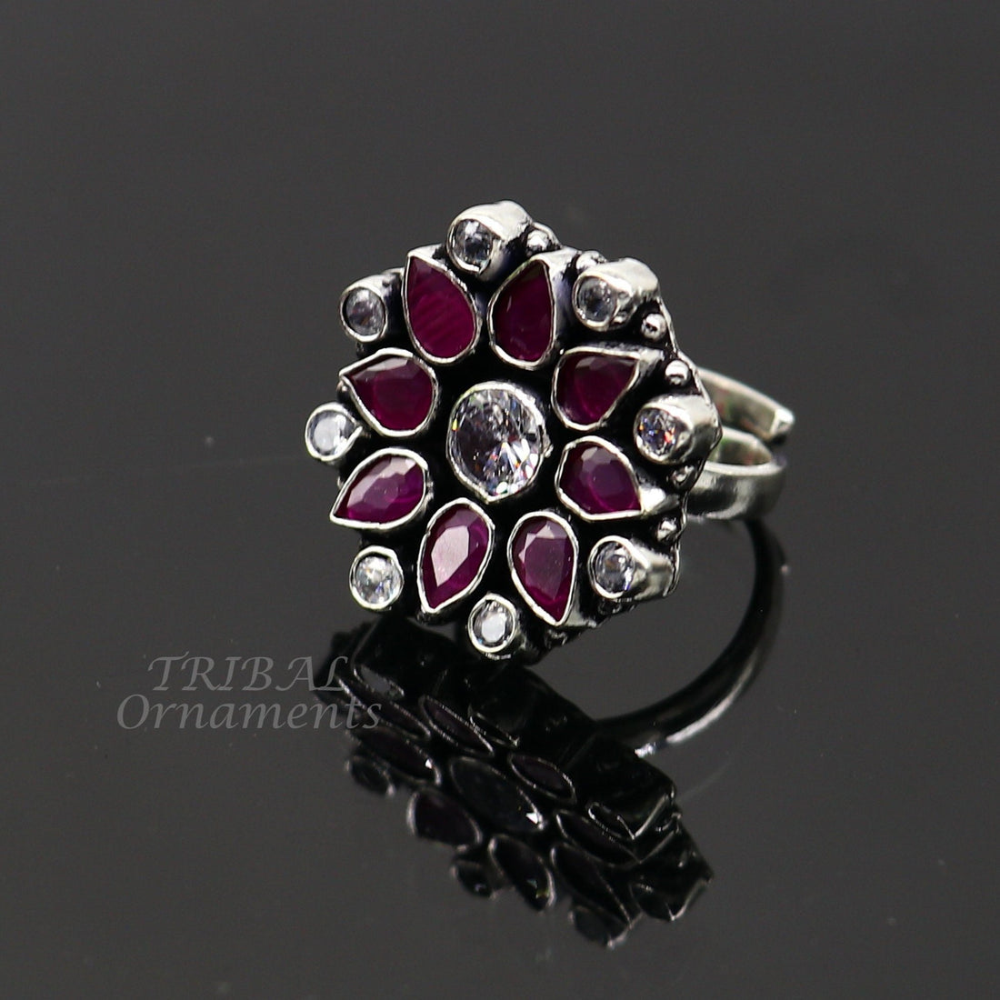 925 sterling silver handmade cubic zirconia and red stone ring adjustable for all sizes best girl's gifting fashionable stylish ring sr354 - TRIBAL ORNAMENTS