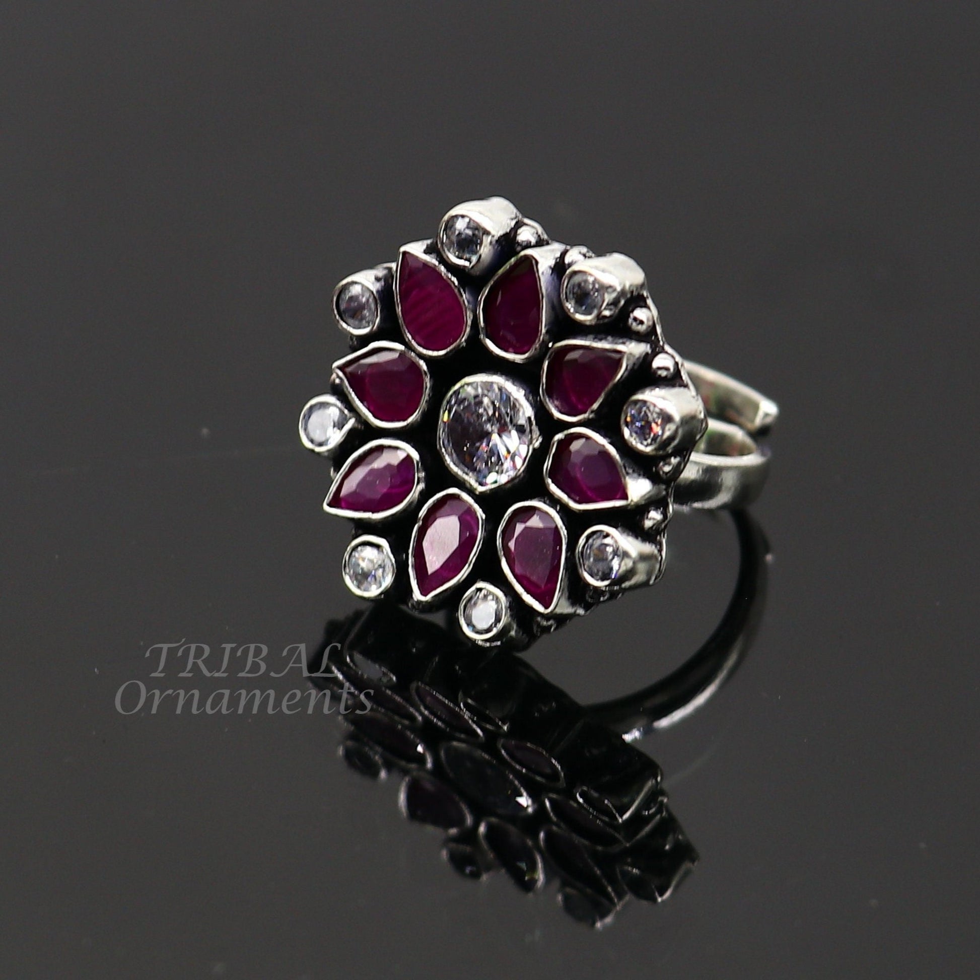 925 sterling silver handmade cubic zirconia and red stone ring adjustable for all sizes best girl's gifting fashionable stylish ring sr354 - TRIBAL ORNAMENTS