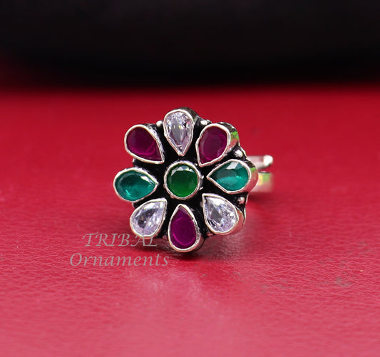 925 sterling silver handmade cubic zirconia and red/green stone ring adjustable for all sizes best girl's gifting fashionable ring sr358 - TRIBAL ORNAMENTS