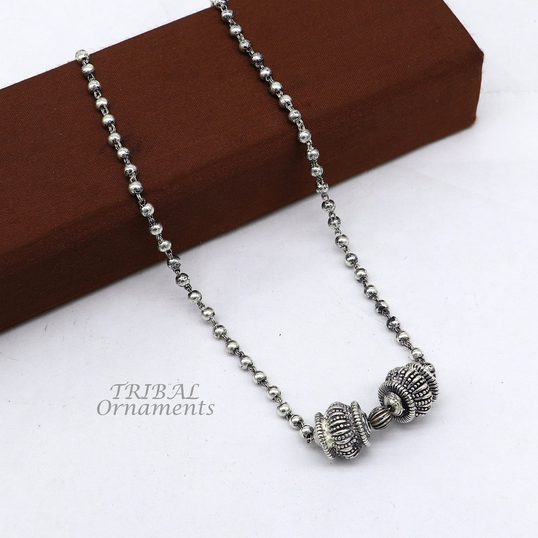 925 sterling silver 4mm beads ball chain necklace with gorgeous antique design ball pendant customized tribal classical jewelry set531 - TRIBAL ORNAMENTS