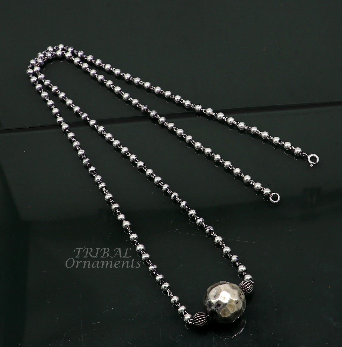 925 sterling silver 4mm beads ball chain necklace with gorgeous antique design ball pendant customized tribal classical jewelry set532 - TRIBAL ORNAMENTS
